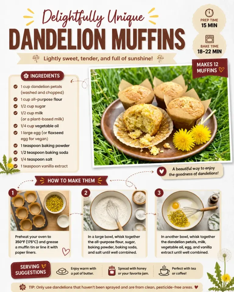 Delightfully unique dandelion muffins on a rustic wooden table