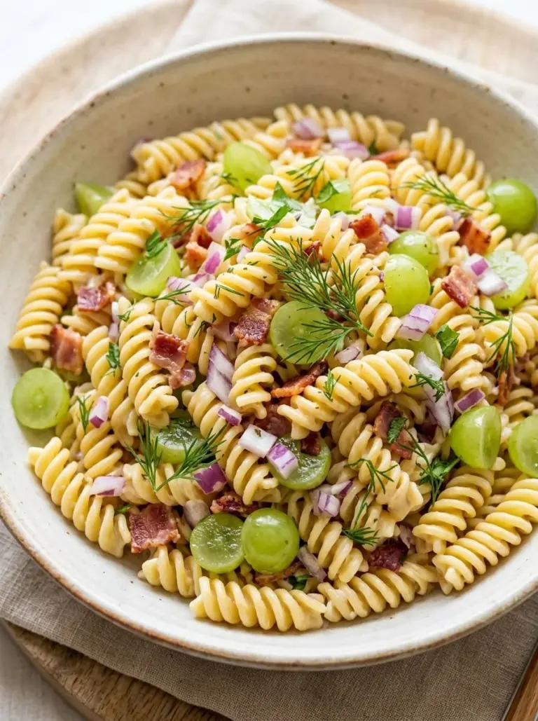 A vibrant Dill Pickle Bacon Pasta Salad served in a bowl, showcasing its colorful ingredients.