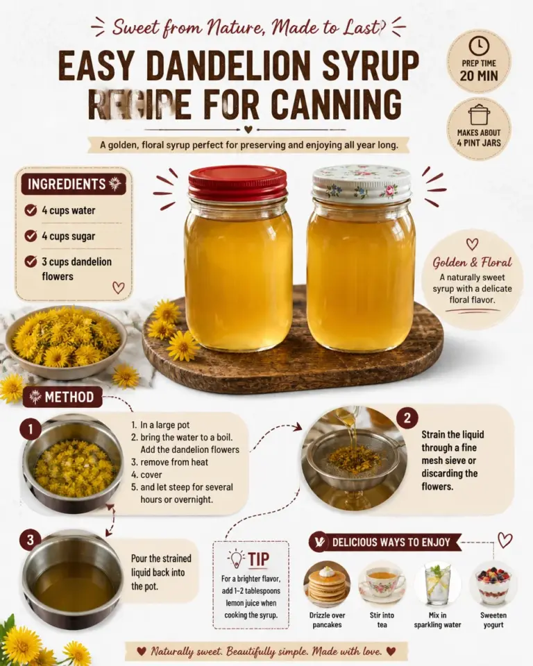 Homemade dandelion syrup in a jar, perfect for canning and enjoying spring flavors.