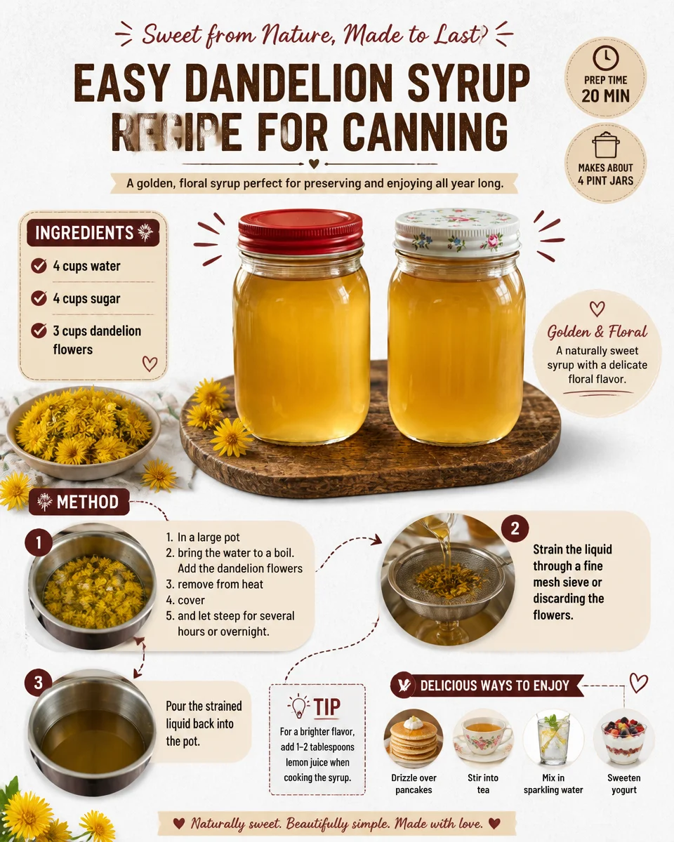 Homemade dandelion syrup in a jar, perfect for canning and enjoying spring flavors.