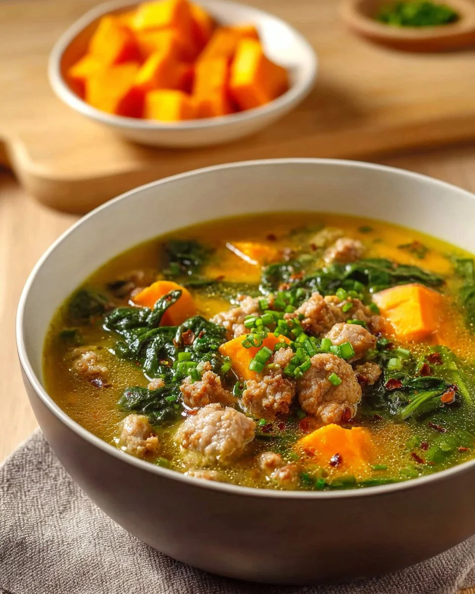 Easy Ground Turkey and Sweet Potato Soup in a bowl with fresh herbs