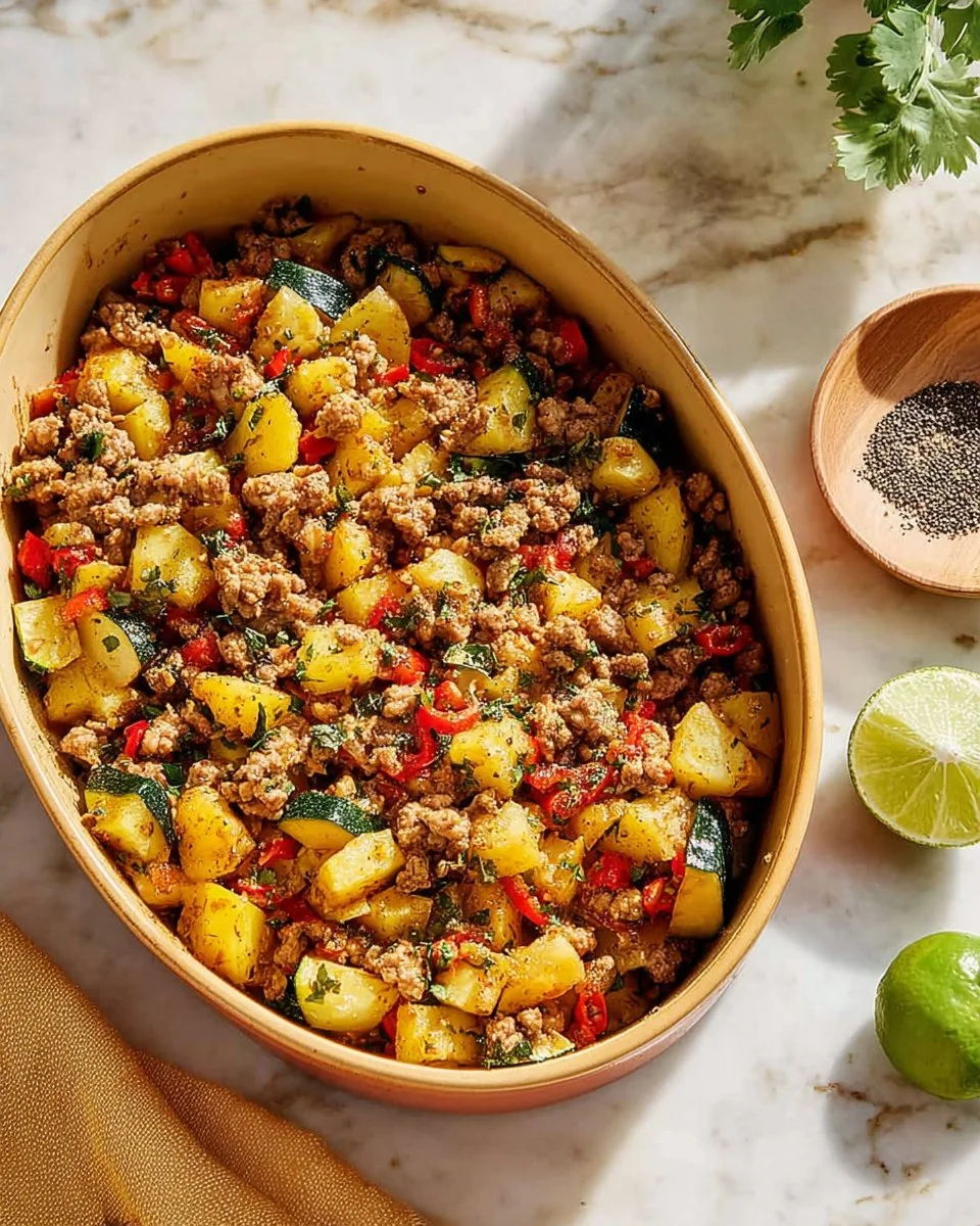 Bowl of easy ground turkey hash with colorful vegetables.