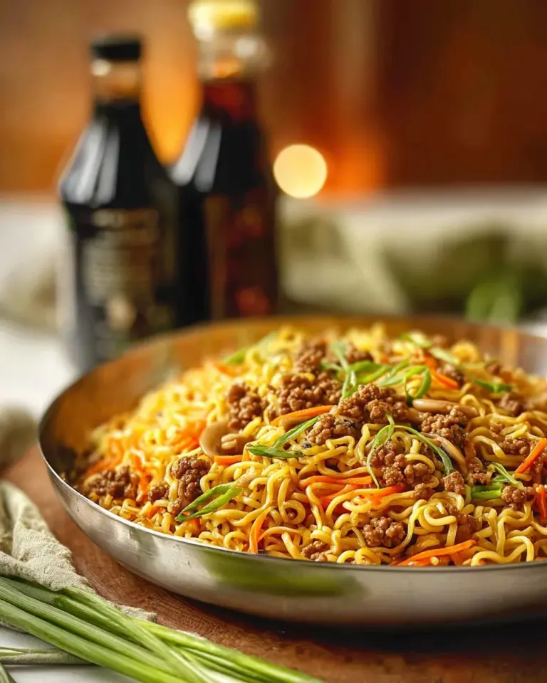 Bowl of easy ground turkey ramen noodles with fresh vegetables and herbs