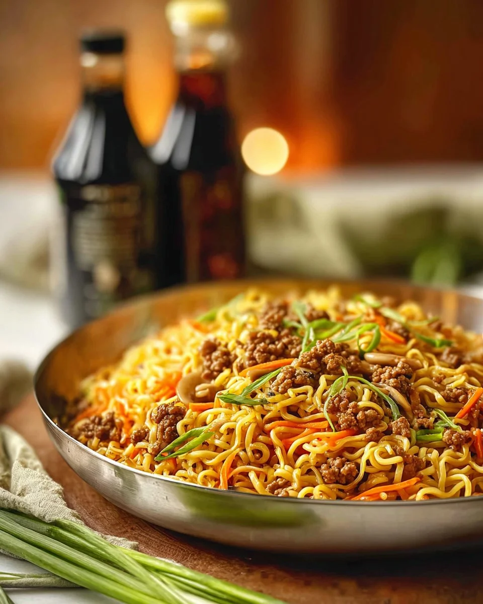 Bowl of easy ground turkey ramen noodles with fresh vegetables and herbs