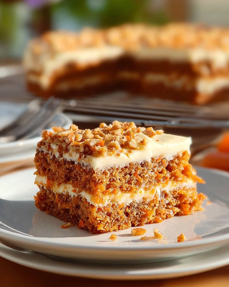 Easy moist carrot sheet cake topped with cream cheese frosting.
