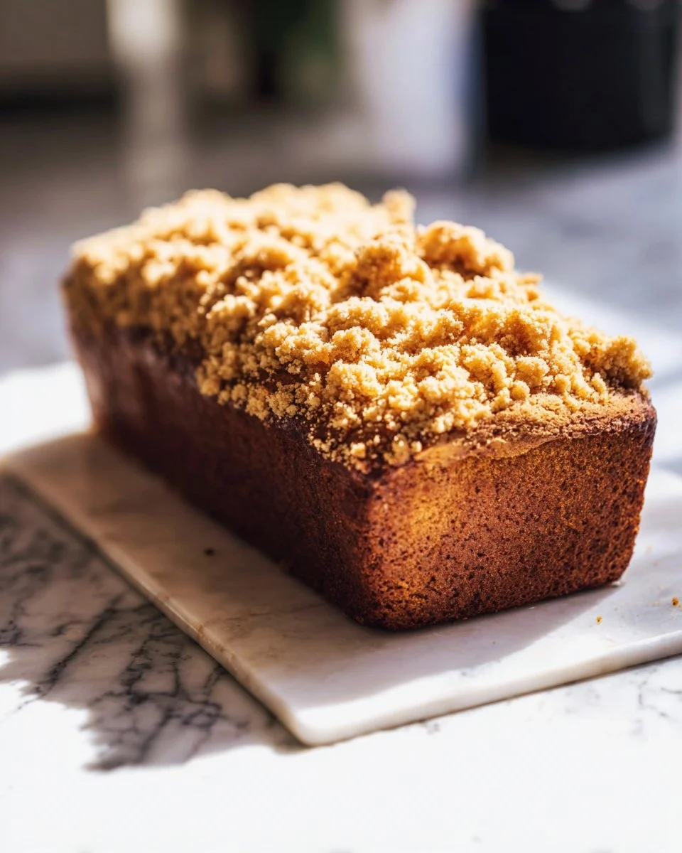Loaf of easy pumpkin bread with crumb topping on a wooden table