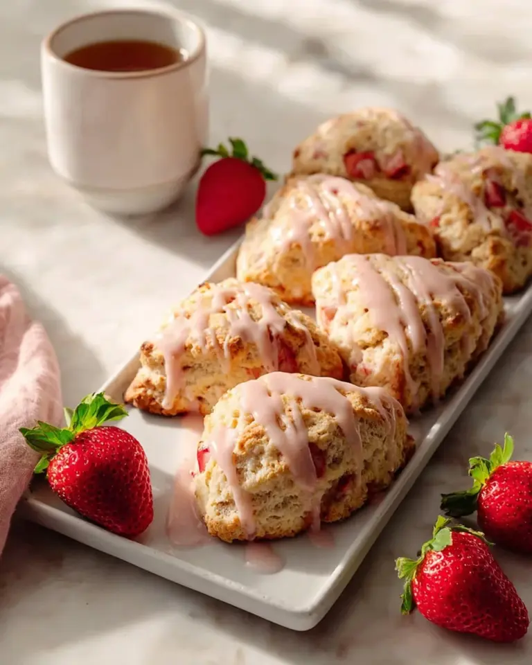 Freshly baked strawberry scones with a glossy strawberry glaze on top