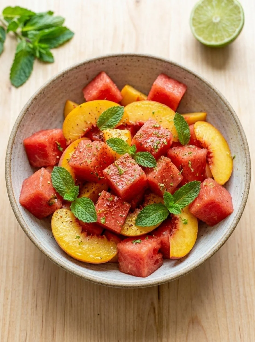 Colorful peach watermelon salad with vibrant fruits and mint garnish