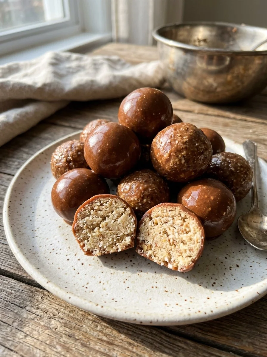 Energizing almond butter protein balls on a wooden surface, healthy snack idea.