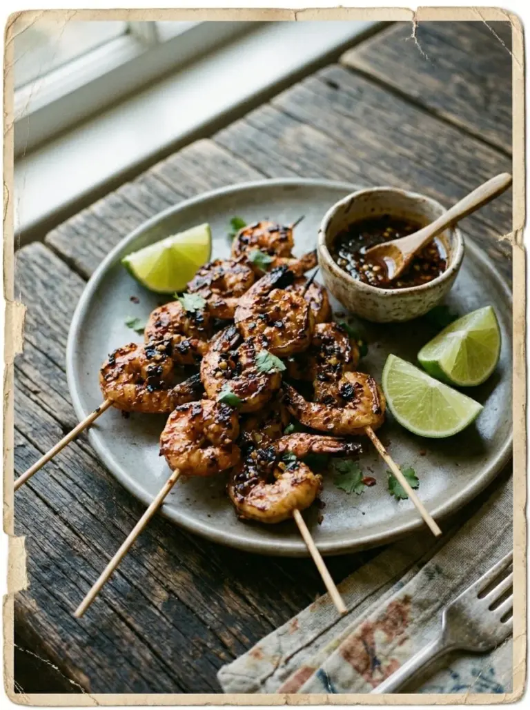 Delicious firecracker shrimp skewers with a spicy sauce and vibrant garnishes.