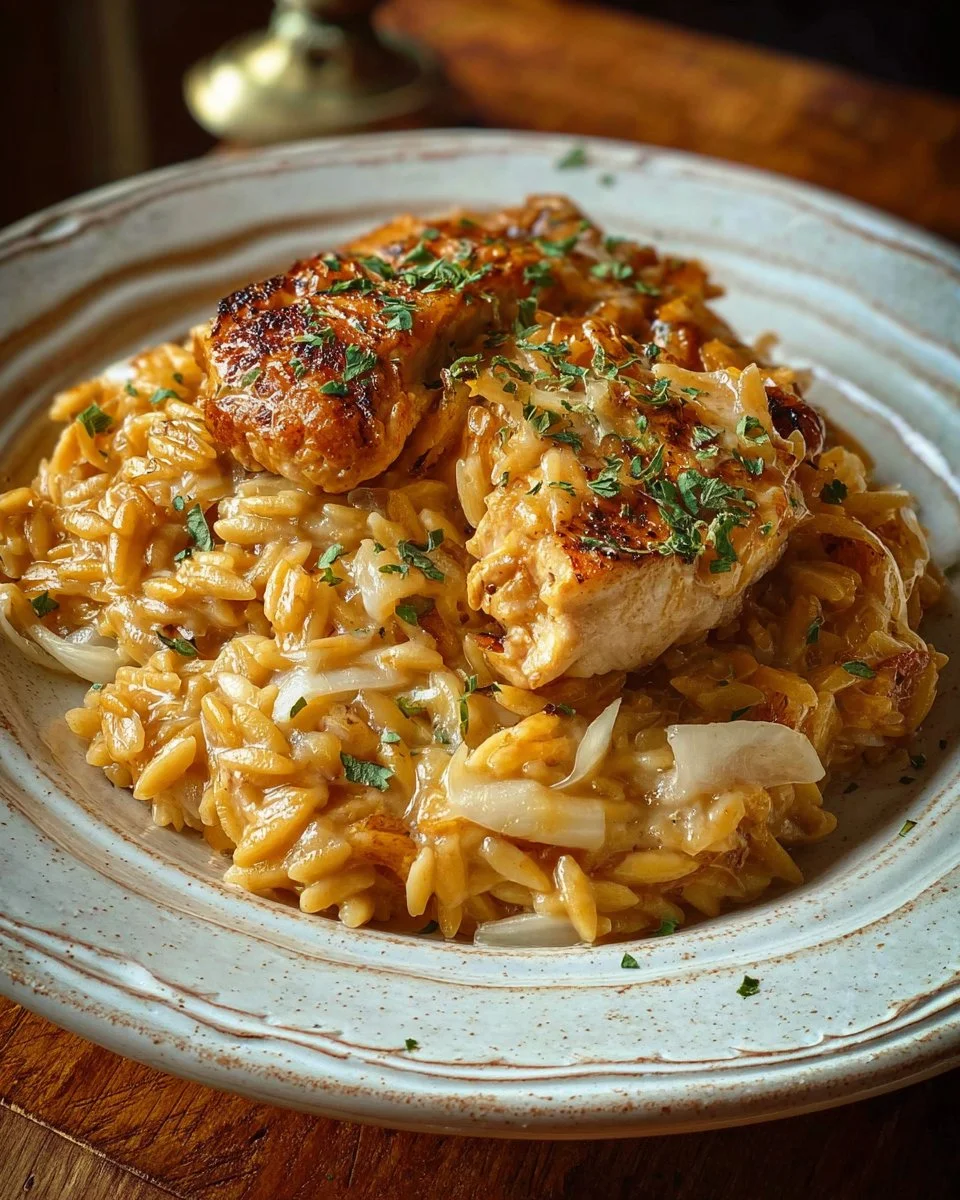 French Onion Chicken Orzo Casserole garnished with herbs and melted cheese.