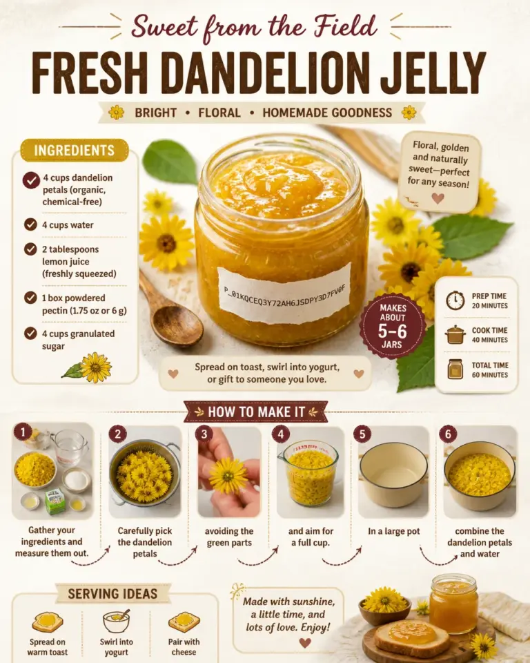 Homemade dandelion jelly in a jar with dandelion flowers and toast.