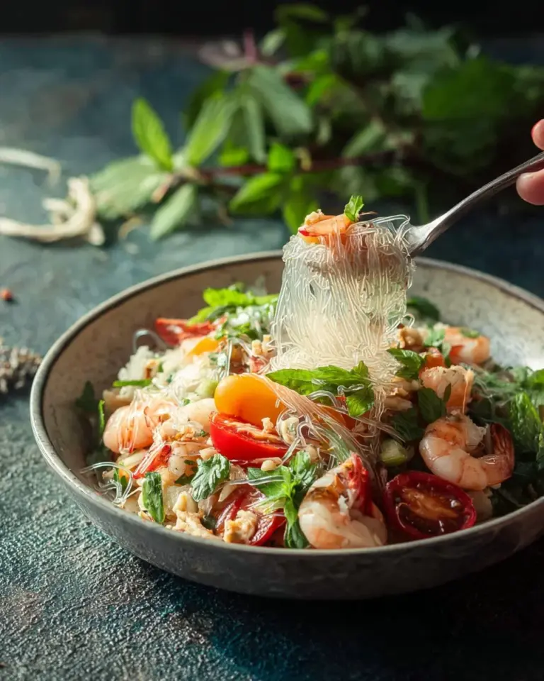 Delicious Glass Noodle Salad with Shrimp and Pork garnished with herbs and vegetables