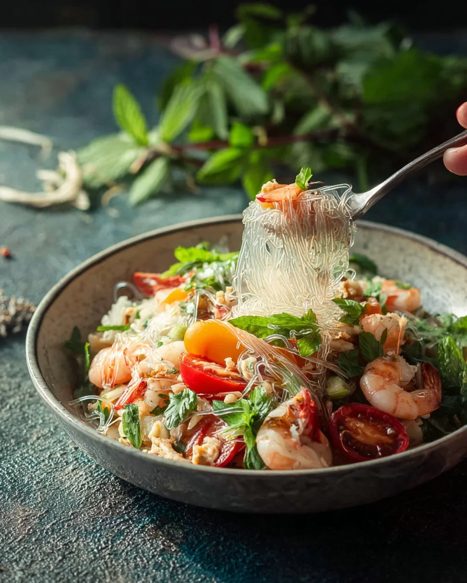 Delicious Glass Noodle Salad with Shrimp and Pork garnished with herbs and vegetables