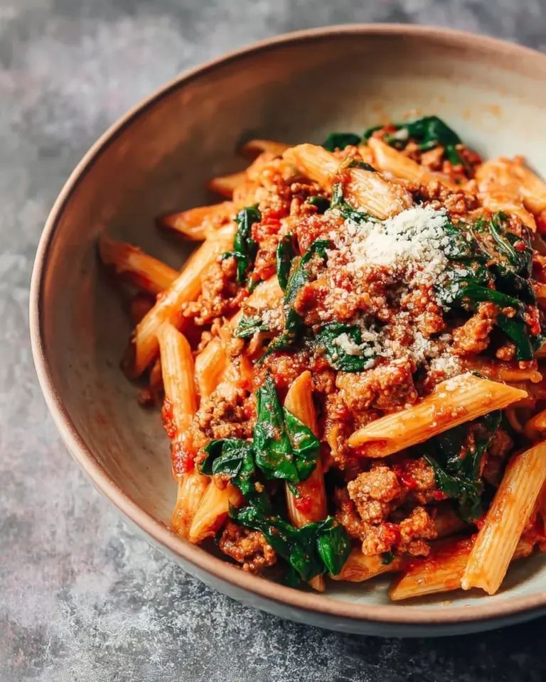 Gluten free pasta with ground turkey garnished with herbs