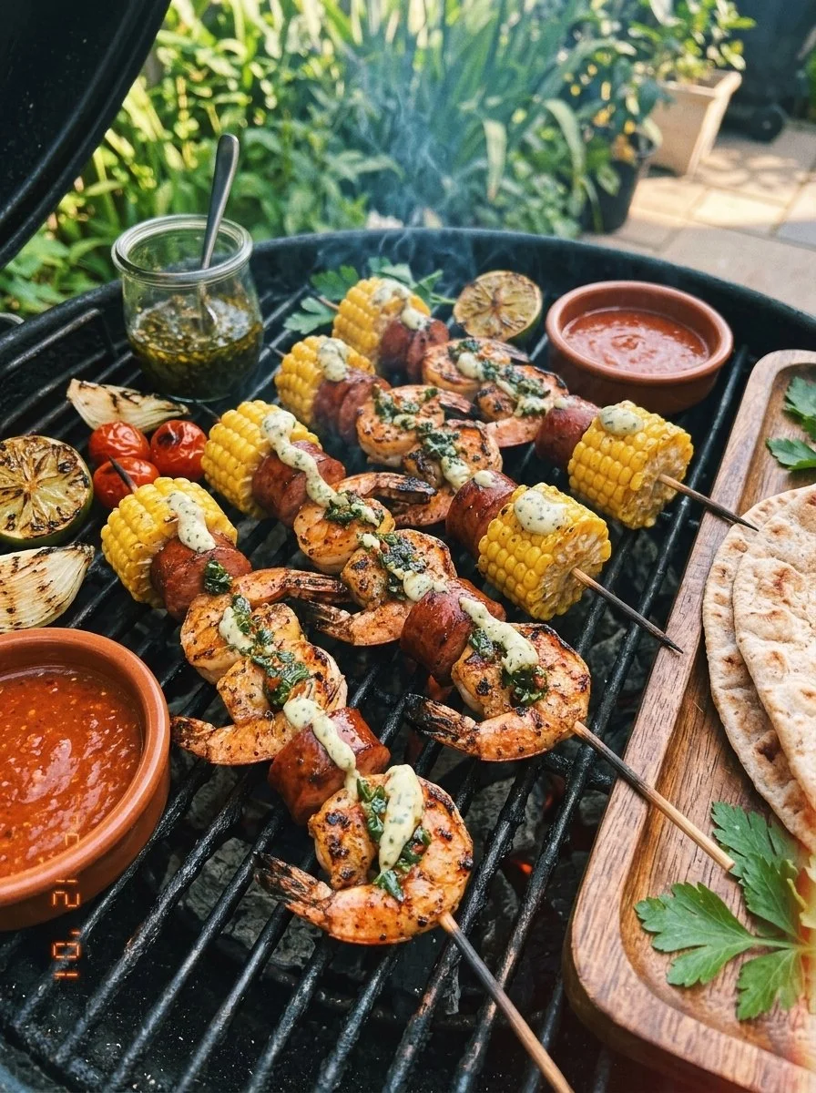 Delicious grilled seafood skewers on a platter, garnished and ready to serve.