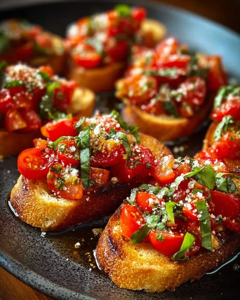 Grilled Tuscan Garlic Bruschetta topped with fresh tomatoes and basil