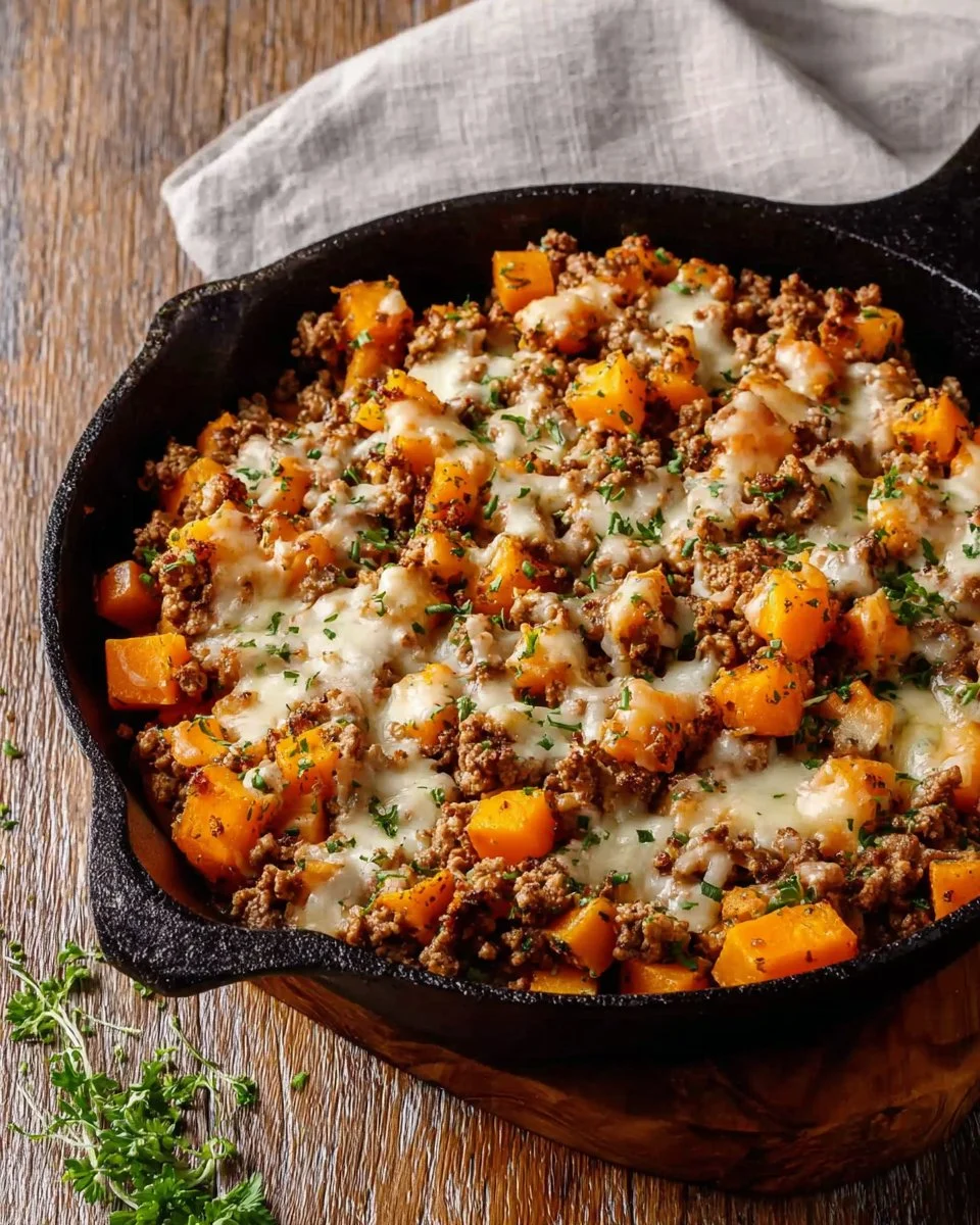 Ground Turkey and Sweet Potato Skillet dish with vibrant vegetables
