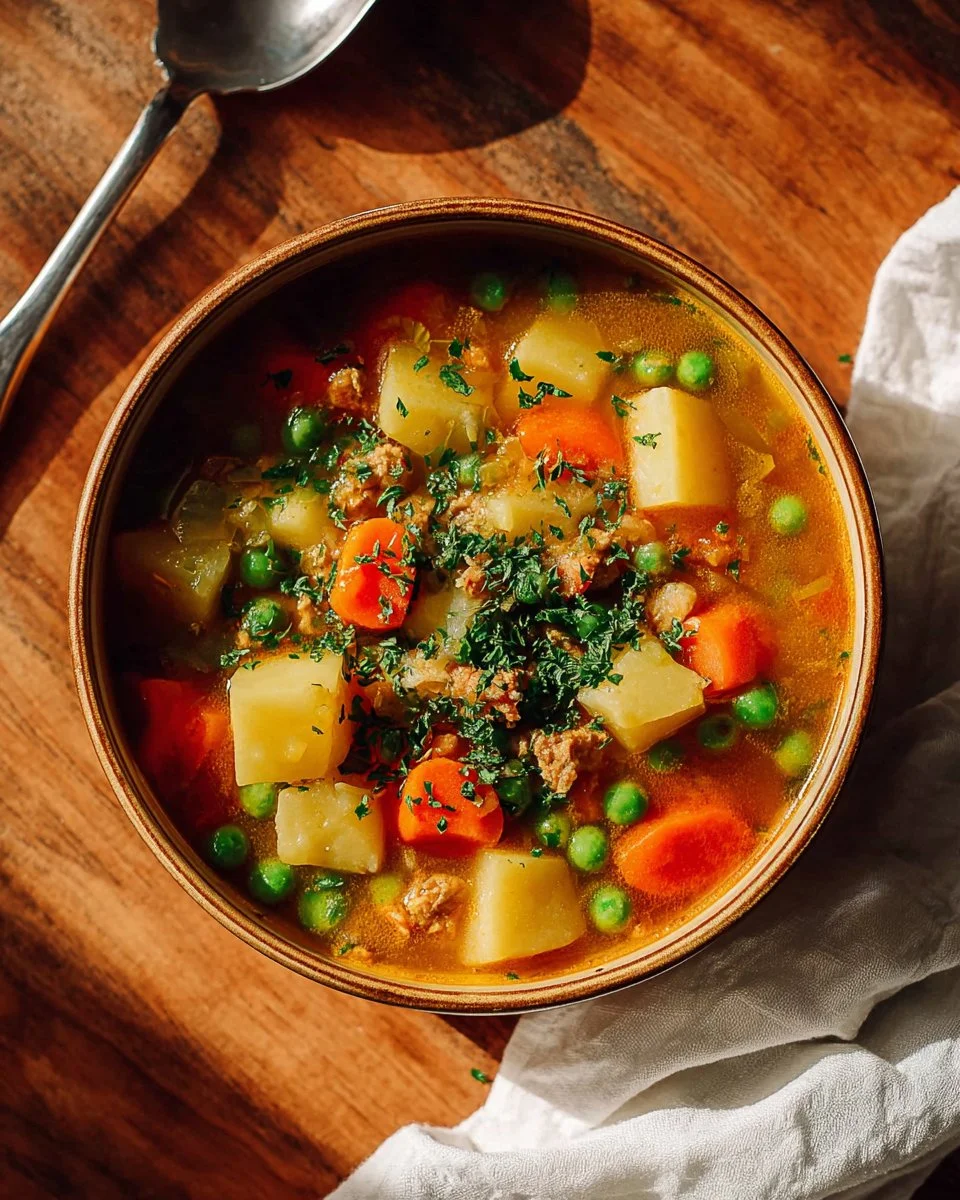 Bowl of homemade ground turkey soup with vegetables and herbs