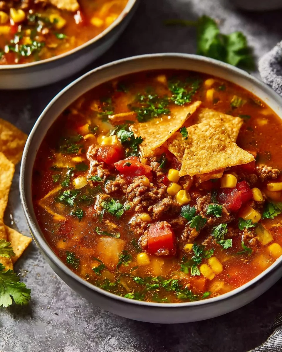 Bowl of Ground Turkey Tortilla Soup garnished with tortilla strips and cilantro
