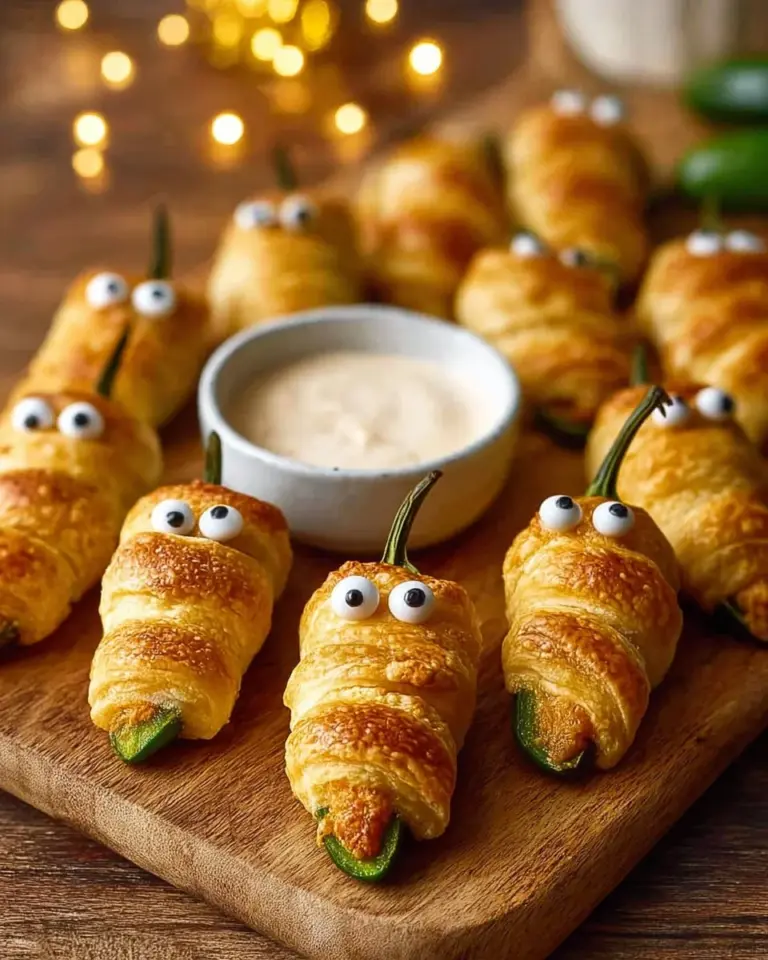 Halloween-themed jalapeno poppers served on a spooky platter.