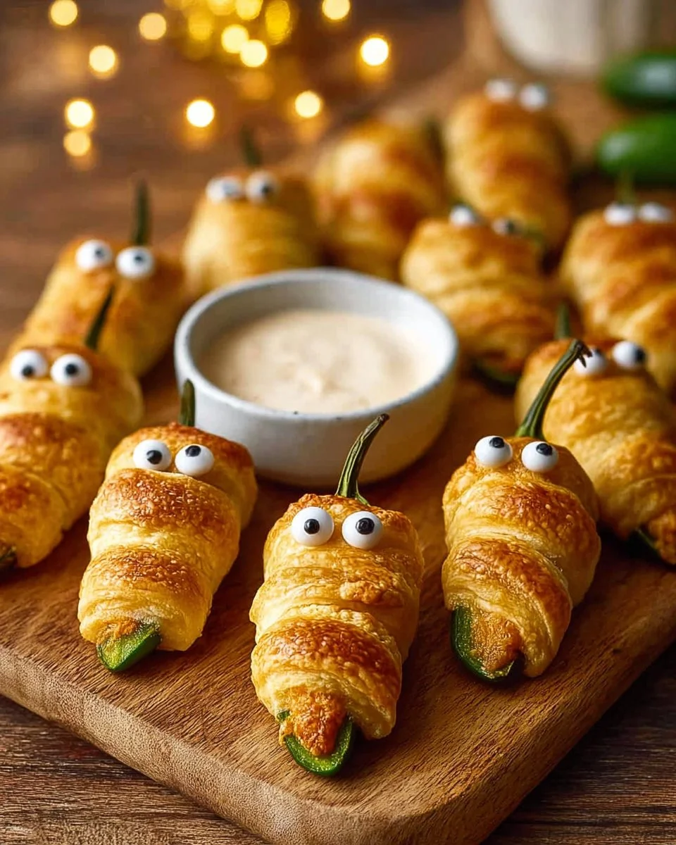 Halloween-themed jalapeno poppers served on a spooky platter.