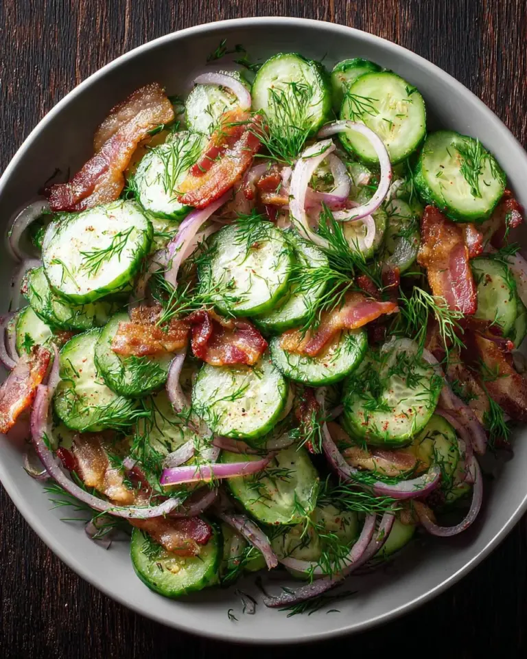 Healthy cucumber salad with bacon served in a bowl