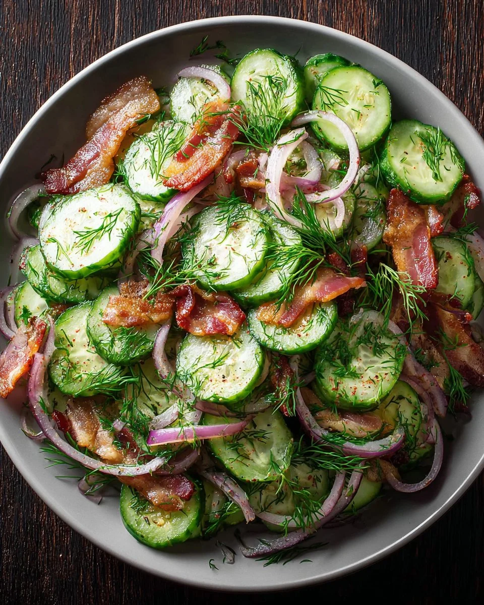 Healthy cucumber salad with bacon served in a bowl