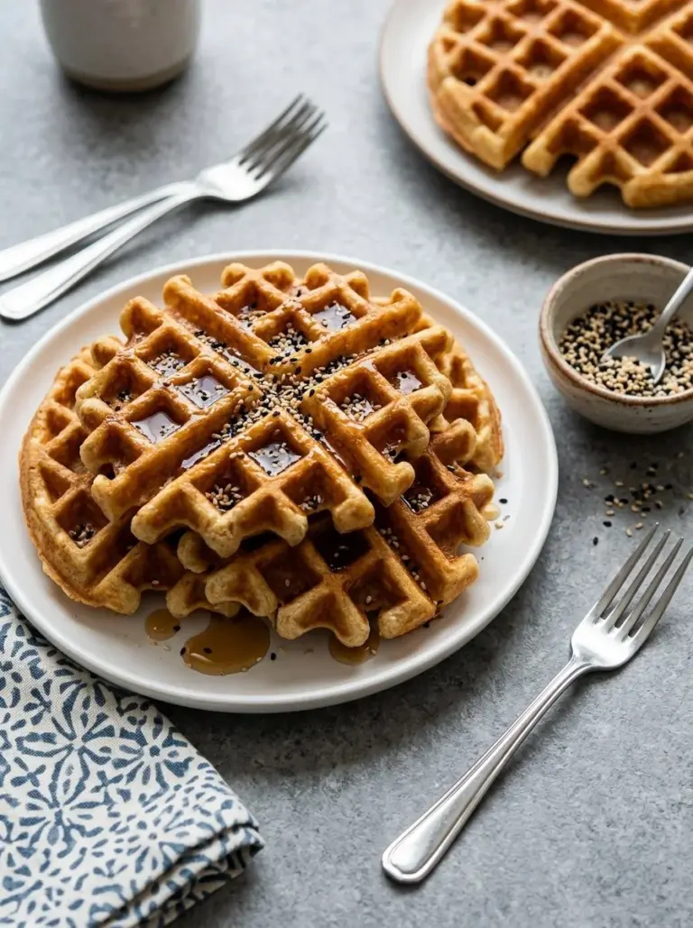 Healthy hemp protein waffles stacked with fresh fruits and syrup