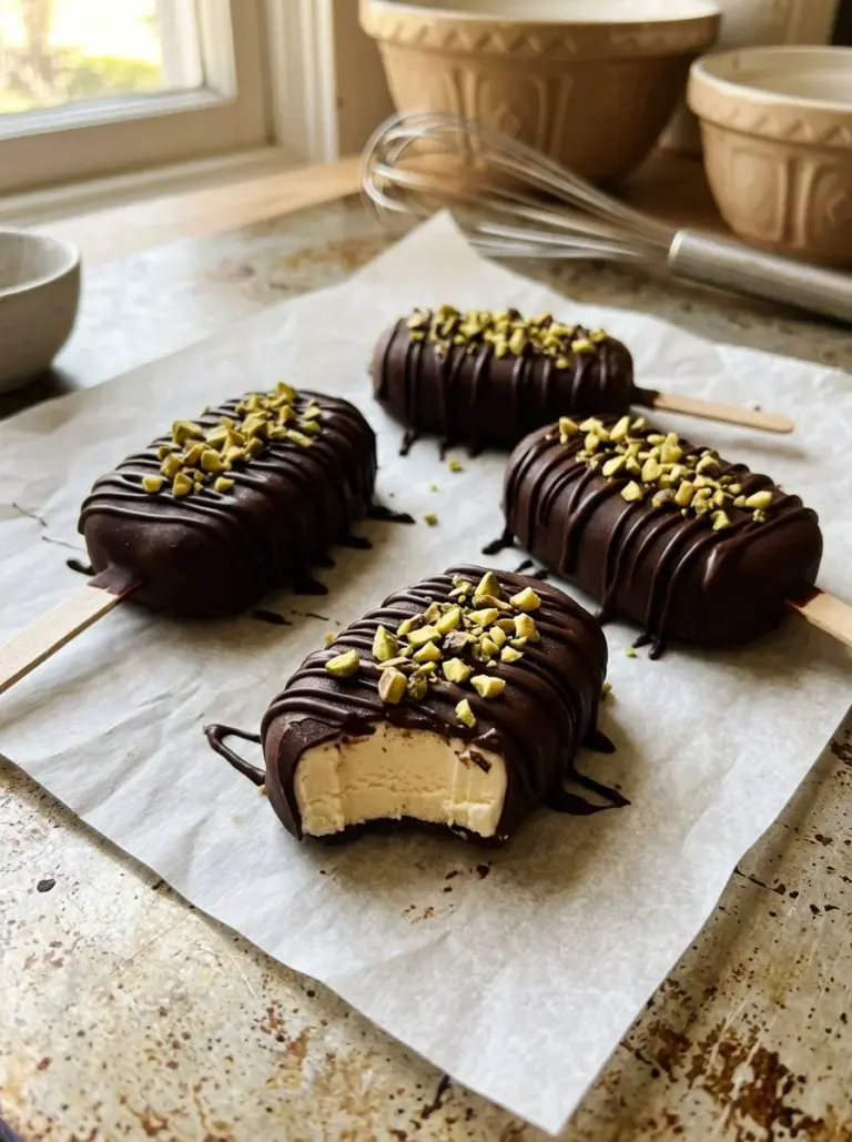 Dairy-free healthy pistachio ice cream bars on a wooden table