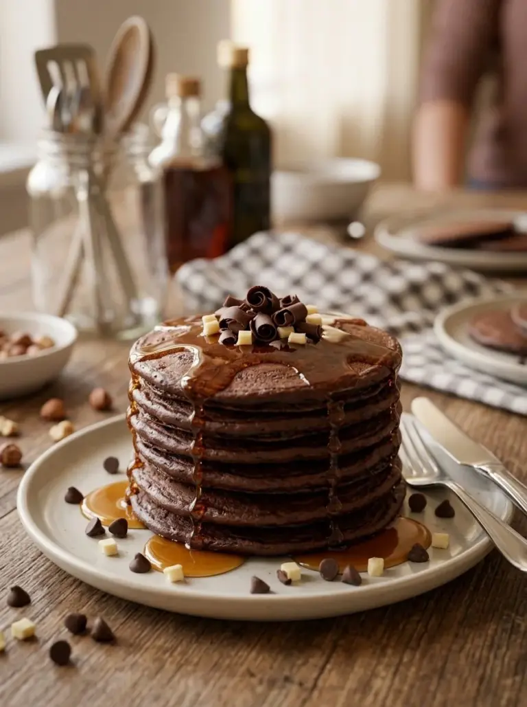 Fluffy chocolate almond flour pancakes topped with syrup and berries.