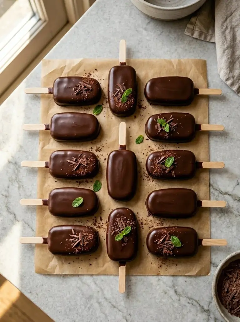 High protein chocolate mint ice cream bars topped with a mint leaf