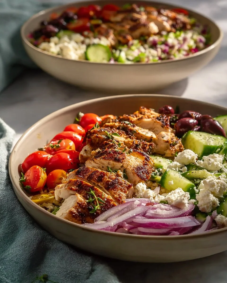 A delicious homemade Greek chicken bowl topped with fresh vegetables and feta cheese.