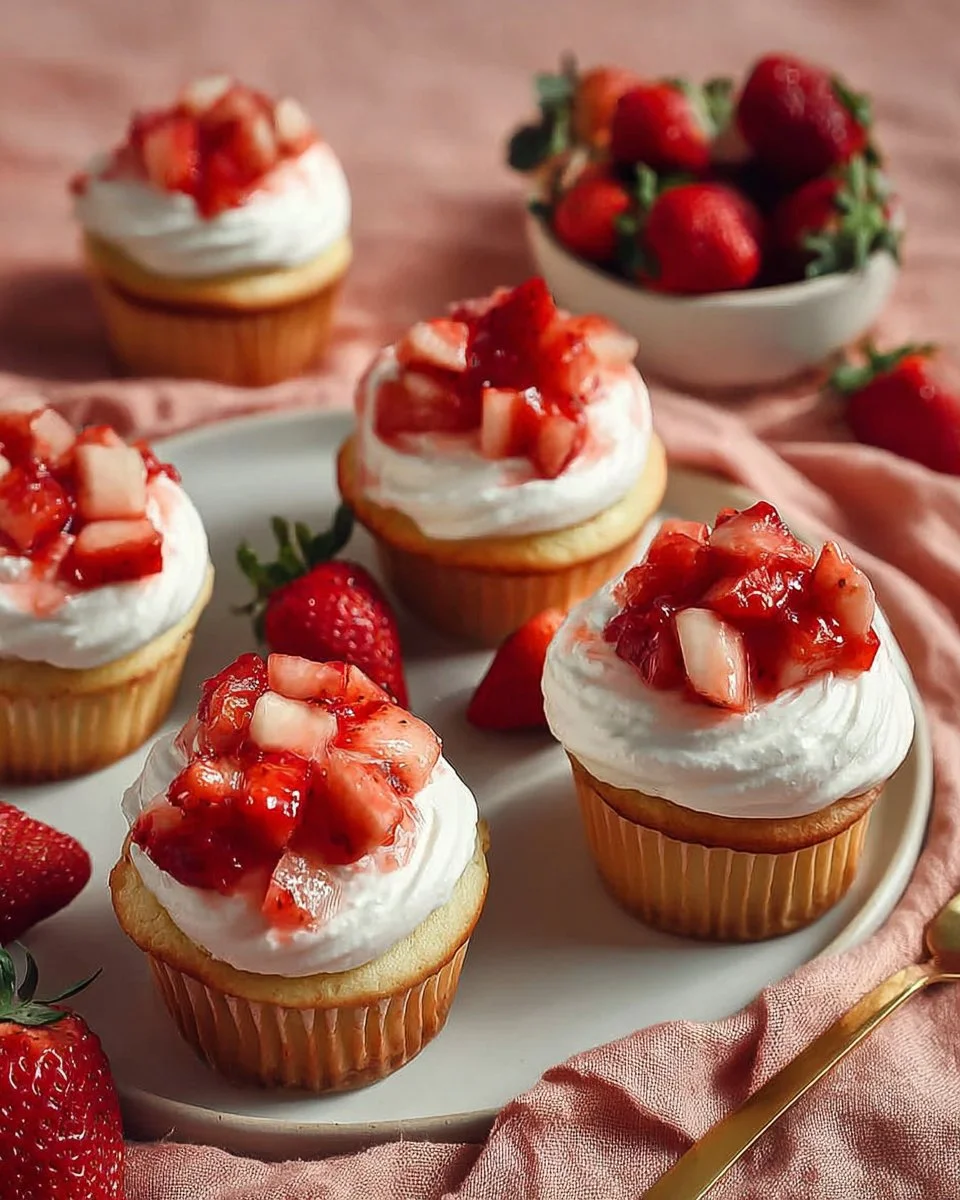 Delicious homemade strawberry shortcake cupcakes topped with fresh strawberries and whipped cream.