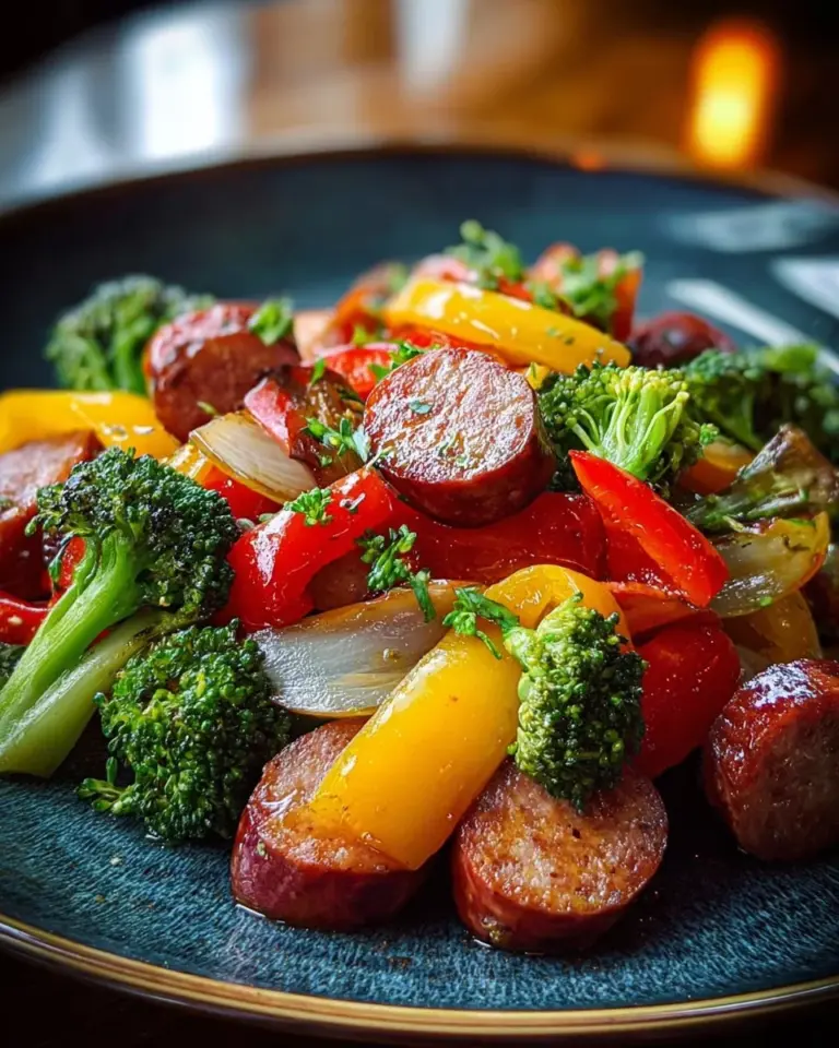 Honey Garlic Kielbasa with colorful veggies on a plate
