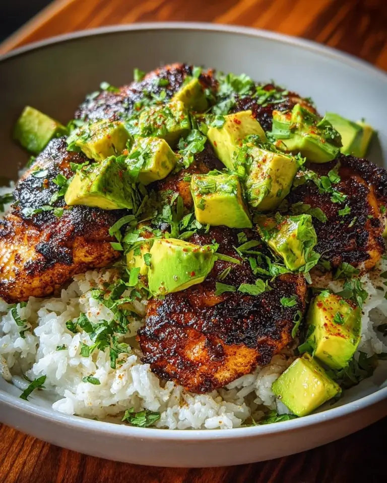 Honey lime chicken served with creamy avocado rice on a plate