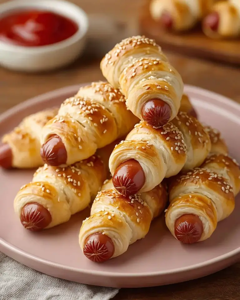 Plate of homemade hot dog pigs in a blanket served with dipping sauce