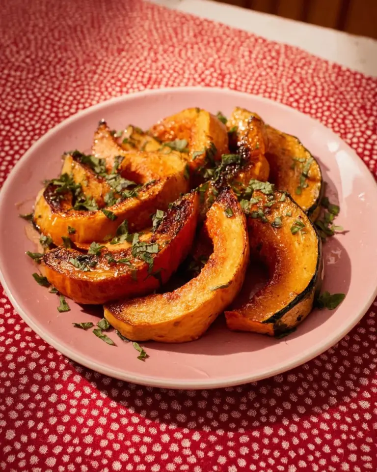 Delicious Caramel Roasted Kabocha Squash served in a bowl, garnished with herbs