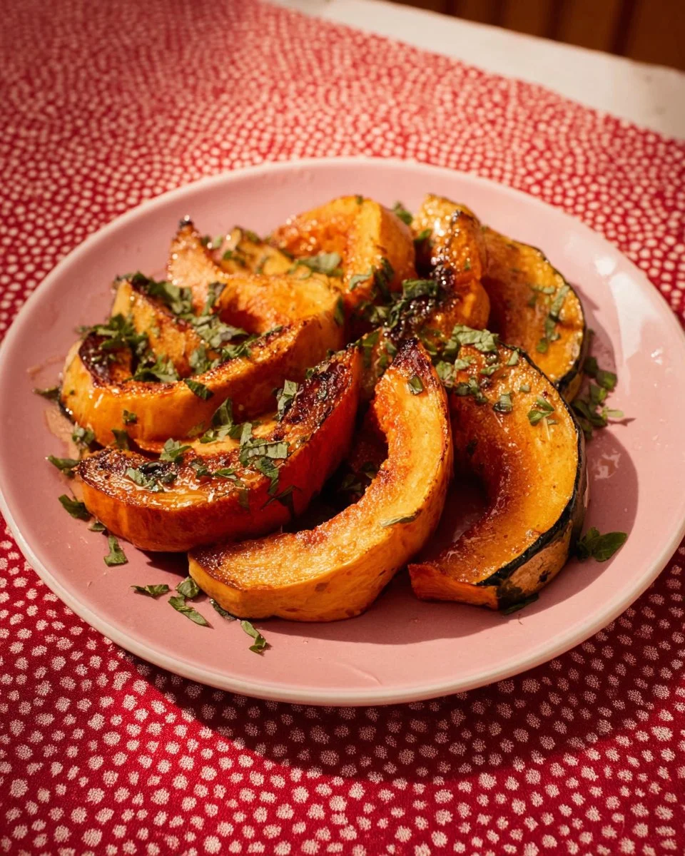 Delicious Caramel Roasted Kabocha Squash served in a bowl, garnished with herbs