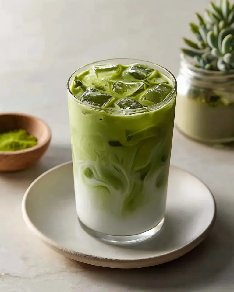 A refreshing Iced Matcha Latte with vibrant green color and ice cubes.