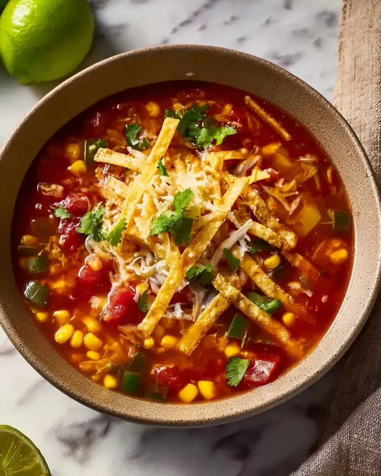 Bowl of Instant Pot turkey tortilla soup garnished with tortilla strips and avocado