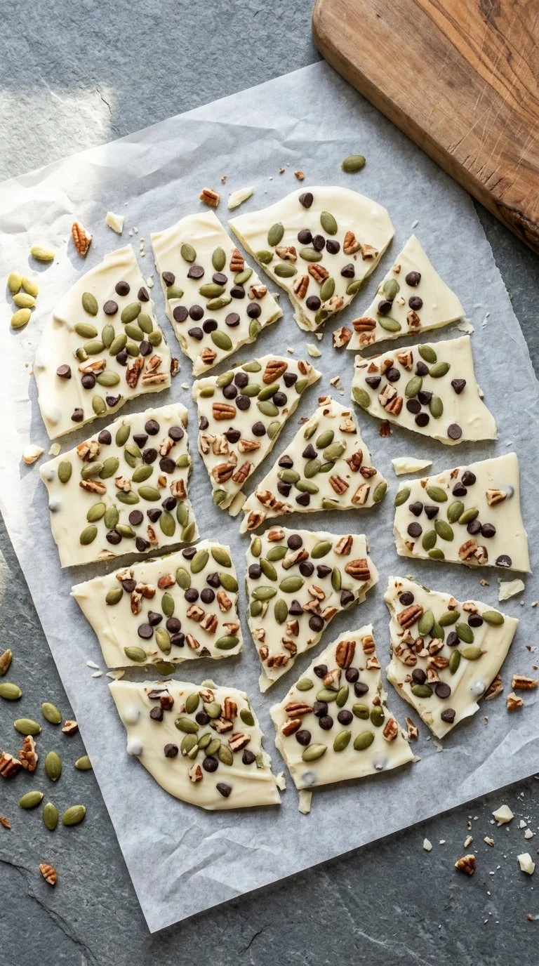 Delicious frozen yogurt bark topped with berries and nuts, a healthy summer treat.
