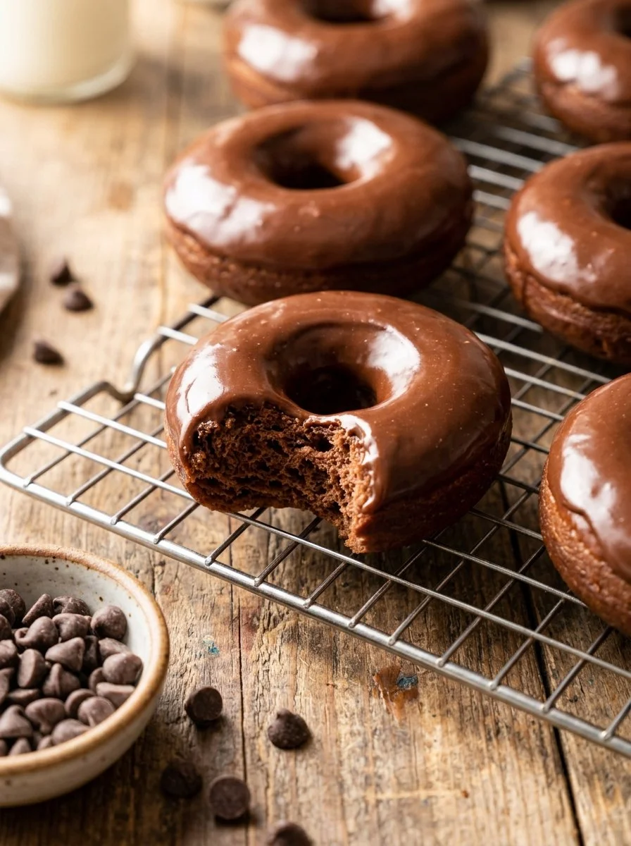 Delicious healthy chocolate protein donuts topped with chocolate glaze