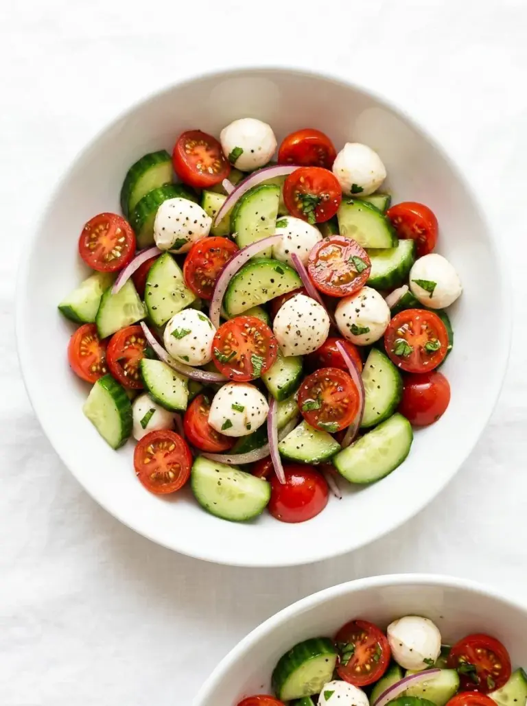 Juicy Cucumber Caprese Salad with fresh cucumbers, mozzarella, and tomatoes