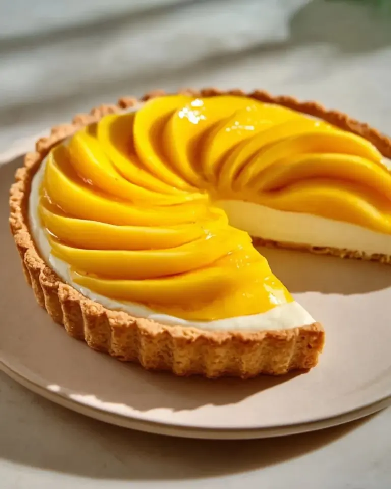 Delicious homemade mango tart with fresh mangoes and a golden crust