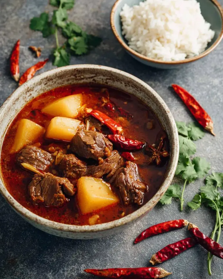 Delicious Massaman Beef Curry served with jasmine rice and fresh herbs