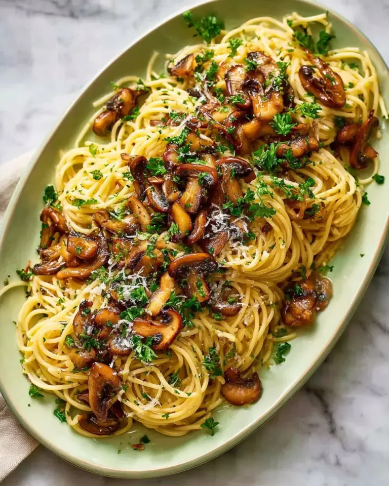 Delicious Mushroom Pasta with garlic oil, garnished with herbs.