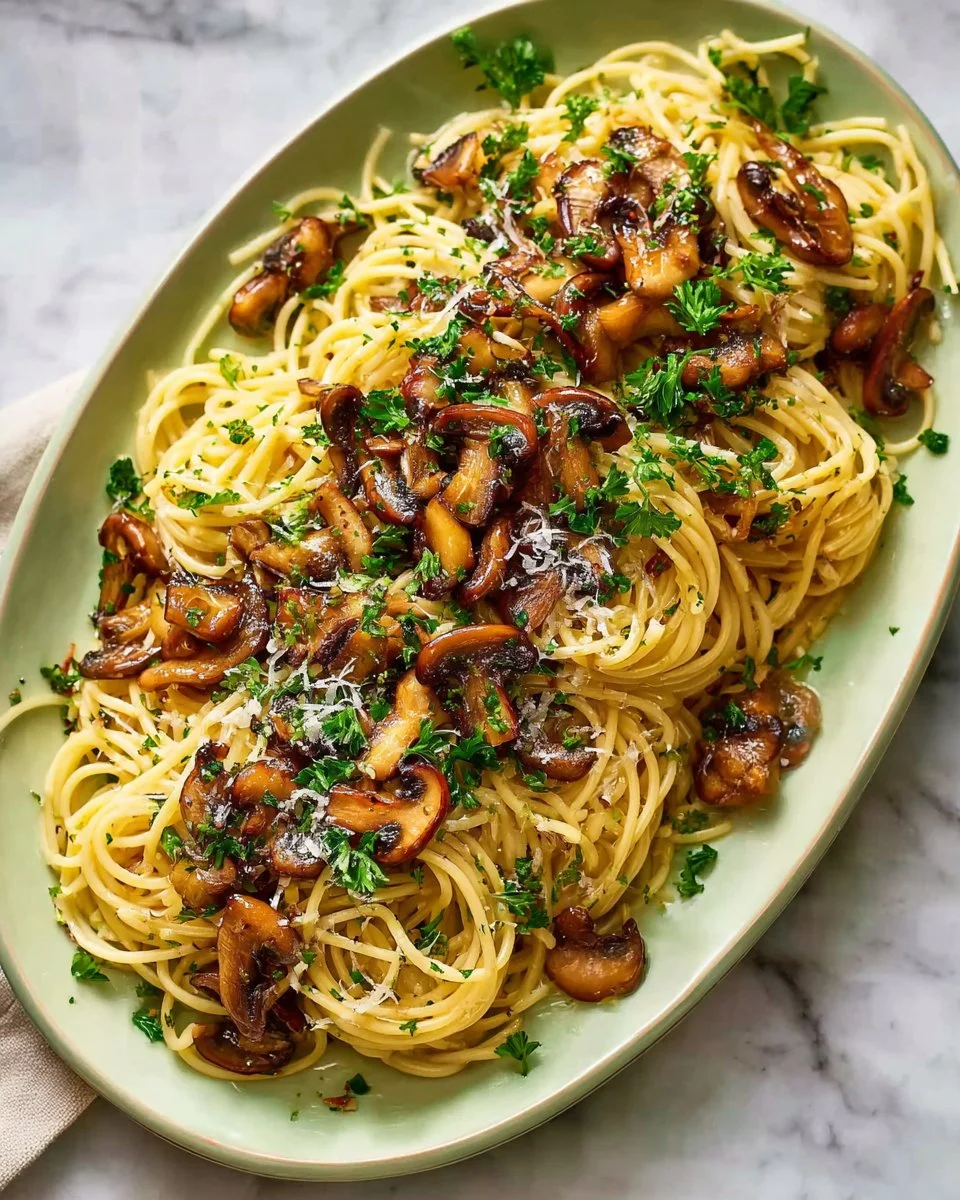 Delicious Mushroom Pasta with garlic oil, garnished with herbs.