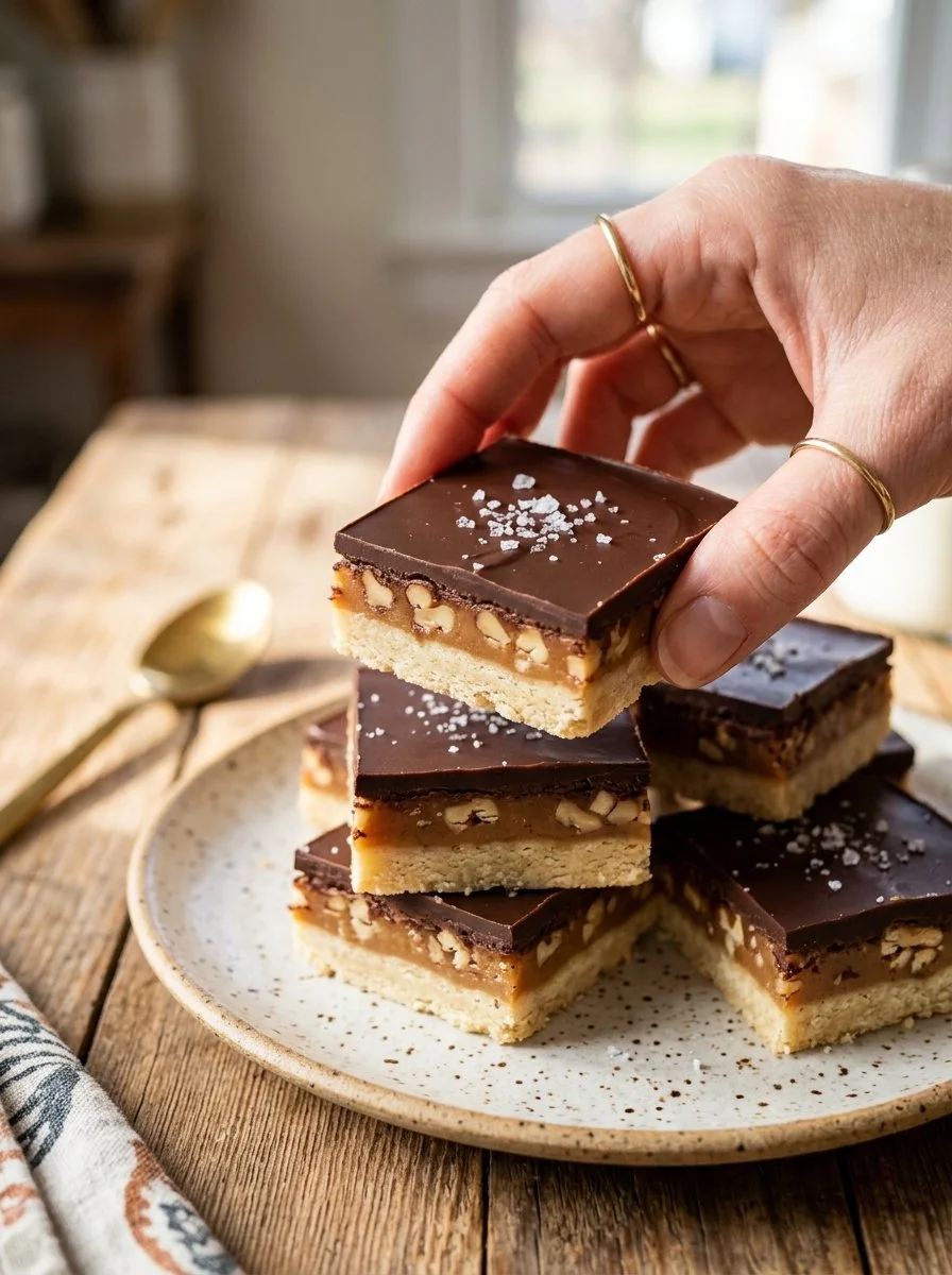 No-Bake Paleo Millionaire Bars topped with caramel and nuts, vegan snack