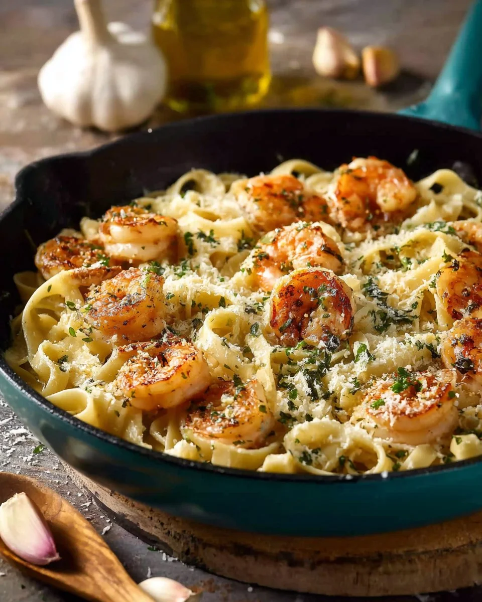 Delicious plate of Parmesan Shrimp Fettuccine with creamy sauce and fresh shrimp
